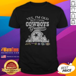 Alt Text: Dallas Cowboys greatness T-shirt featuring Super Bowl helmet and skyline design, perfect for vintage sports fans.