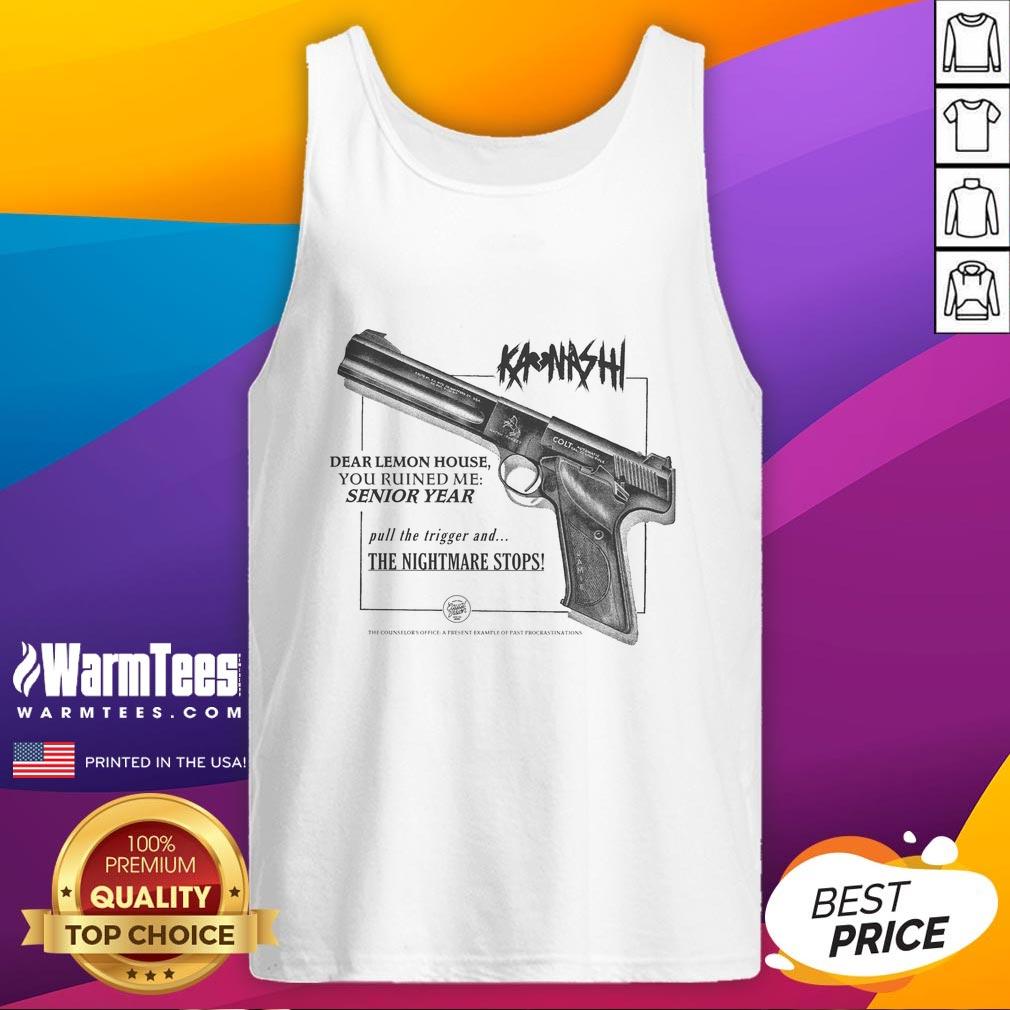Alt Text: Premium Kanashi Dear Lemon House You Ruined Me Senior Year white tank top displayed on a neutral background.