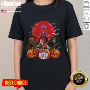 Premium Los Angeles Angels MLB Halloween ladies tee featuring a horror movie design, perfect for fans and spooky season.