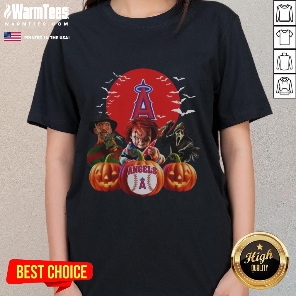 Premium Los Angeles Angels MLB Halloween ladies tee featuring a horror movie design, perfect for fans and spooky season.