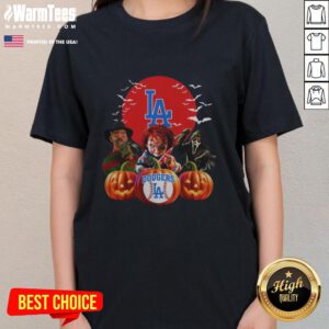 Premium Los Angeles Dodgers MLB horror movie Halloween ladies tee featuring spooky design for fans celebrating Halloween.