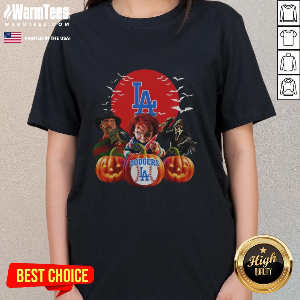 Premium Los Angeles Dodgers MLB horror movie Halloween ladies tee featuring spooky design for fans celebrating Halloween.