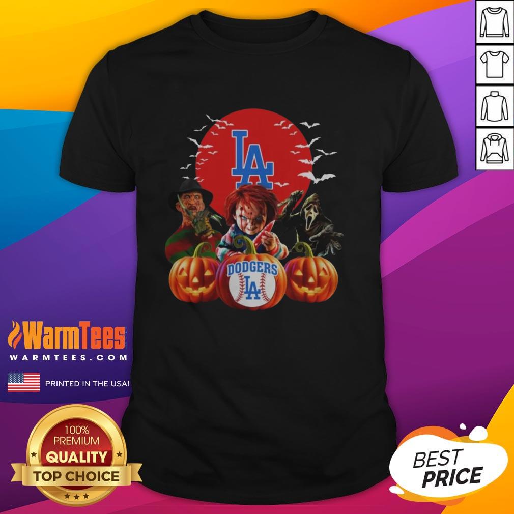 Premium Los Angeles Dodgers MLB Halloween T-Shirt featuring a horror movie design for fans and spooky celebrations.