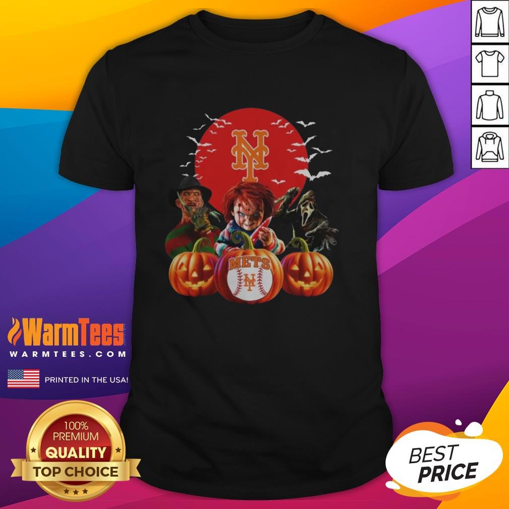 Premium New York Mets MLB horror movie Halloween T-shirt featuring spooky graphics and team logo, perfect for Halloween fans.