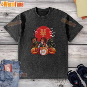Alt Text: Premium New York Mets MLB horror movie Halloween washed t-shirt featuring spooky graphics and team logo.