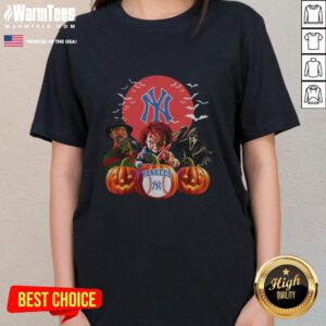 Premium New York Yankees MLB Halloween tee for ladies featuring a spooky design, perfect for Halloween and baseball fans.