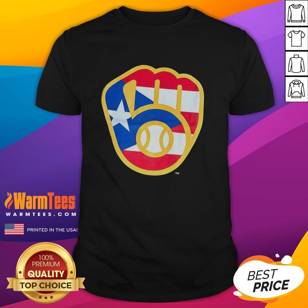 Pretty Puerto Rican Milwaukee Brewers logo T-shirt featuring vibrant colors and stylish design for baseball fans.