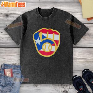 Pretty Puerto Rican Milwaukee Brewers logo washed t-shirt featuring vibrant colors and a stylish design.