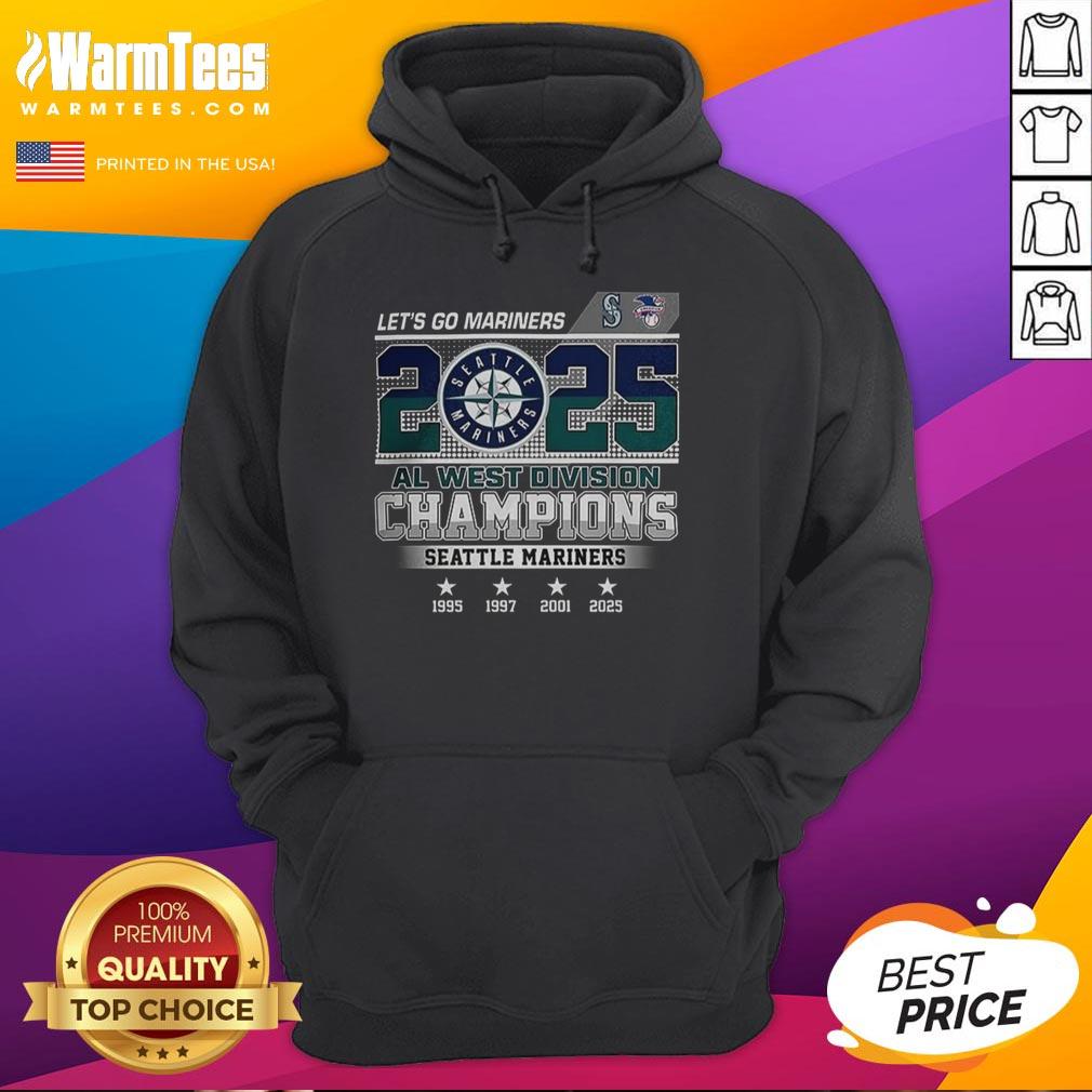 Pretty Seattle Mariners hoodie celebrating 2025 AL West Champions with historic years design for fans.