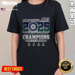 Alt Text: Ladies tee celebrating Seattle Mariners 2025 AL West Champions with historic years design, perfect for fans.