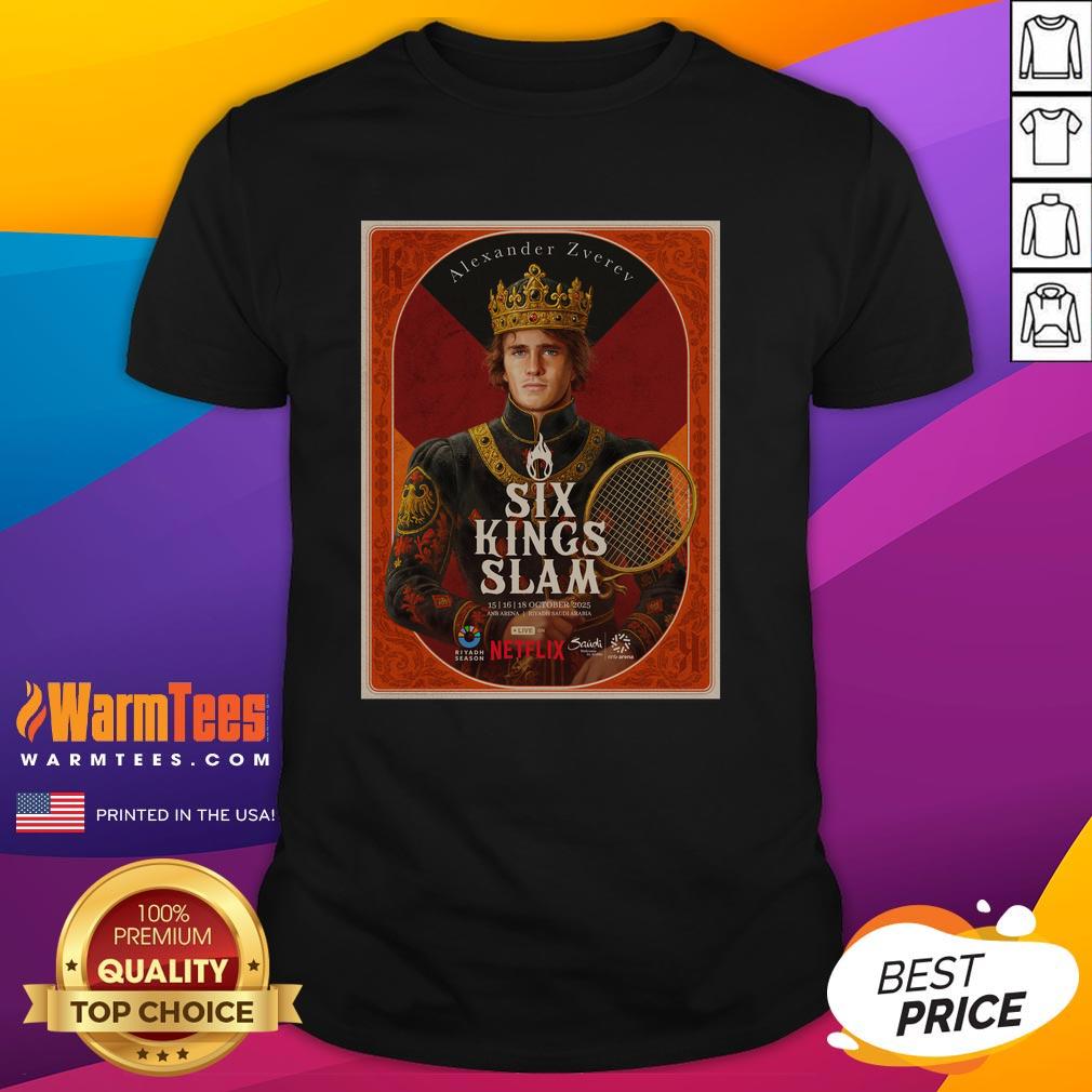 Top Alexander Zverev Six Kings Slam 2025 Riyadh Season Tennis T-Shirt showcasing vibrant design and tennis-themed graphics.