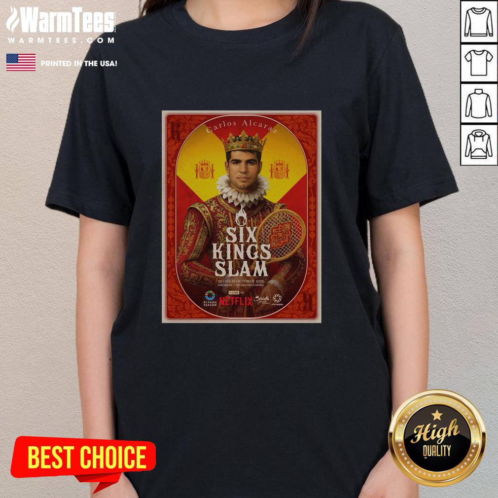 Alt Text: Top Carlos Alcaraz Six Kings Slam 2025 Riyadh Season Tennis Ladies Tee showcasing vibrant design and sports fashion.