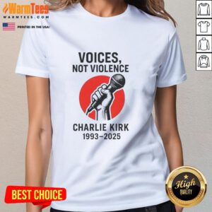 Alt Text: Top Charlie Kirk Voices Not Violence Make America Great Again Ladies Tee in vibrant colors, perfect for patriotic women.