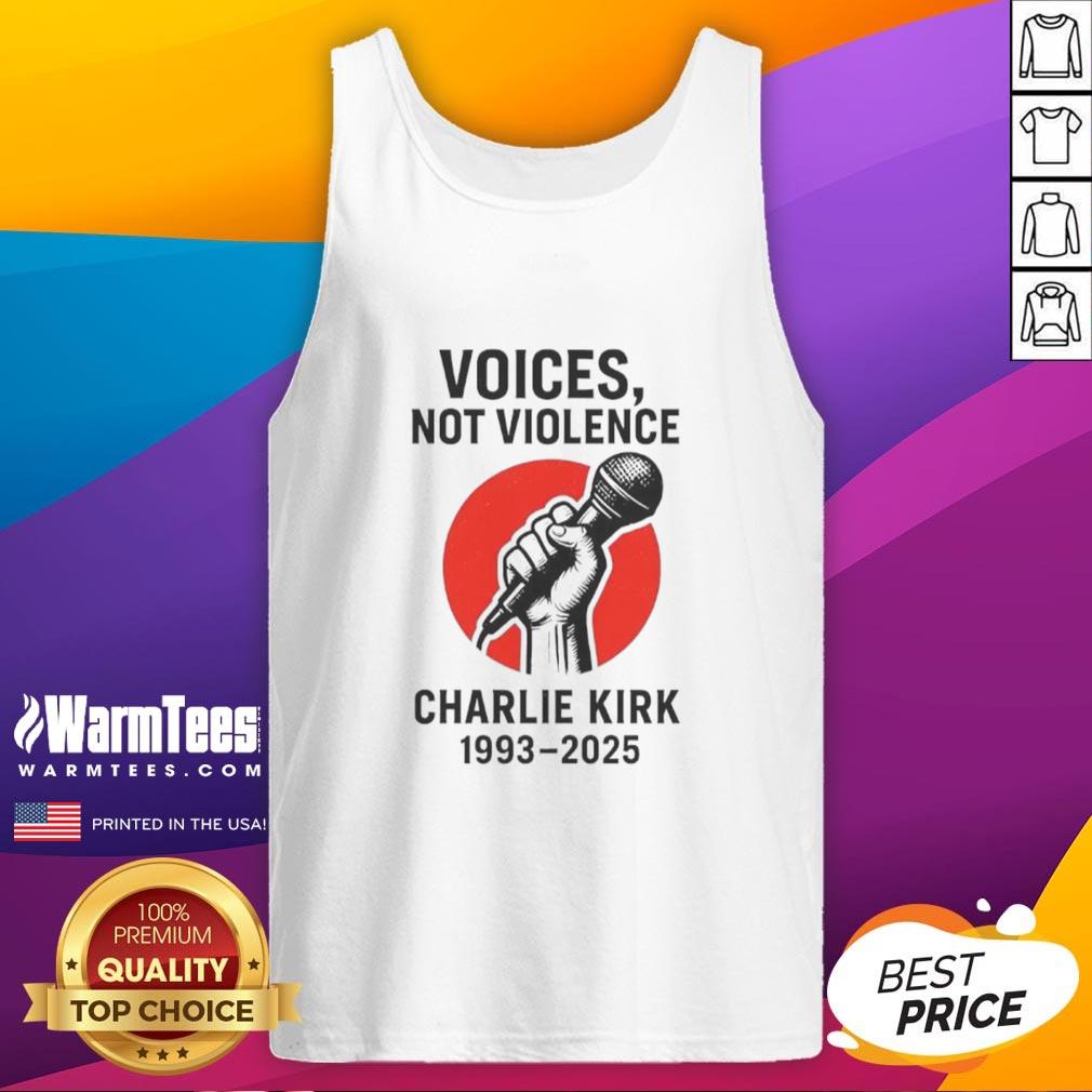 Charlie Kirk Voices Not Violence tank top promoting Make America Great Again, featuring bold graphics and patriotic colors.