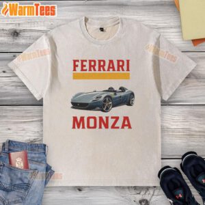 Top Ferrari Monza car washed T-shirt design featuring a sleek Ferrari graphic on a stylish background.
