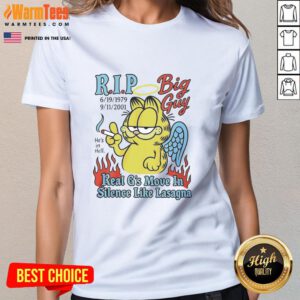 Alt Text: Top Garfield RIP Big Guy tee featuring 'Real Gs Move in Silence Like Lasagna' design for stylish fans.