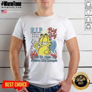 Top Garfield Rip Big Guy t-shirt featuring 'Real G's Move In Silence Like Lasagna' design, perfect for fans.
