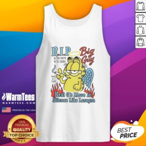 Alt Text: Top Garfieid RIP Big Guy tank top featuring the phrase 'Real Gs Move in Silence Like Lasagna' in stylish font.