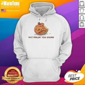 Alt Text: Cozy black hoodie featuring a whimsical pumpkin graphic with the phrase Not Feeling Too Gourd for Halloween style.