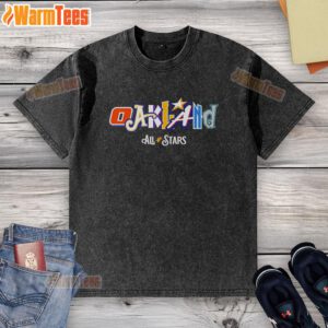 Alt Text: Top Oakland All Stars design logo on a team players washed t-shirt, featuring vibrant colors and stylish graphics.