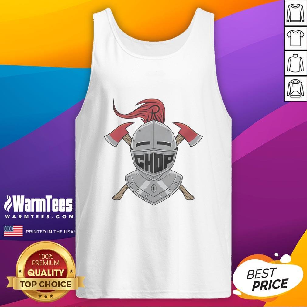 Alt Text: Rutgers Scarlet Knights chop logo with crossed axes on a football tank top, perfect for game day attire.