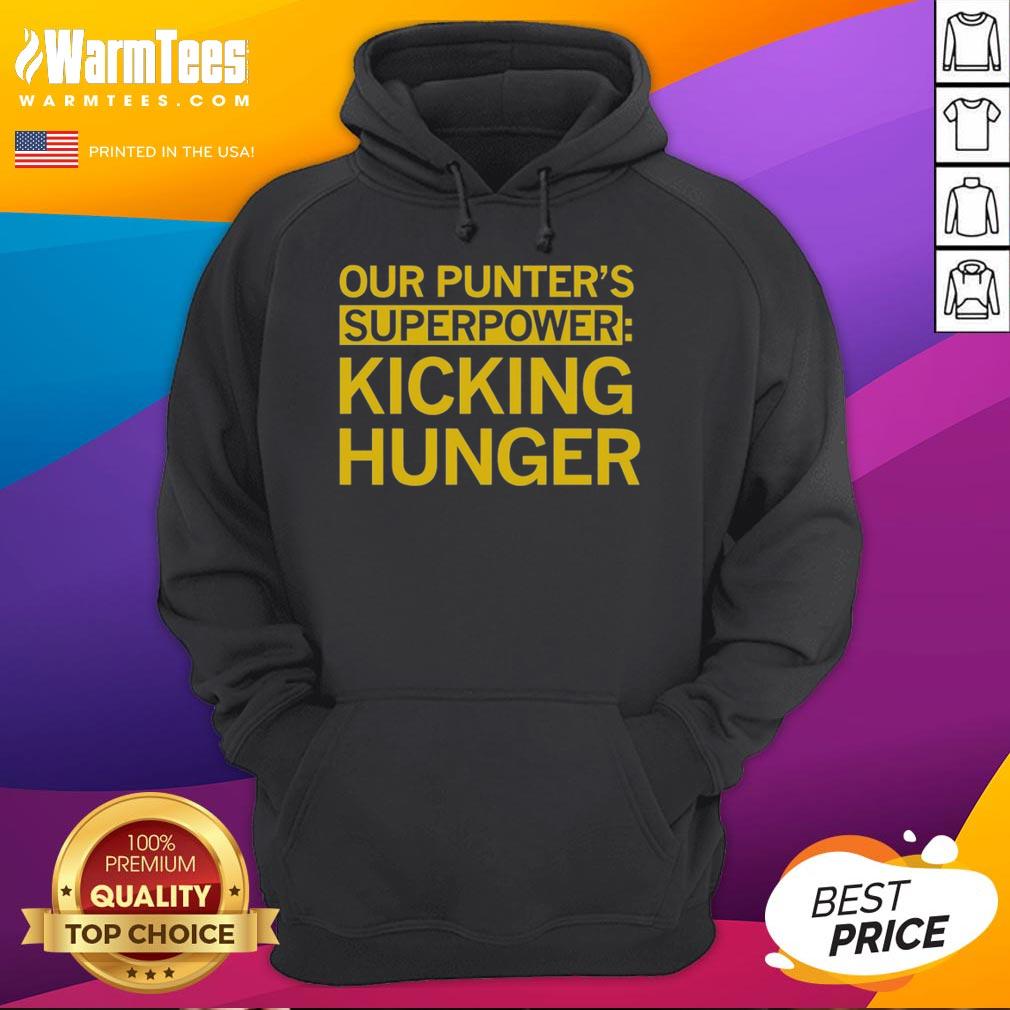 Tyler Perkins Our Punters Superpower Kicking Hunger Hoodie displayed on a mannequin, showcasing its unique design.