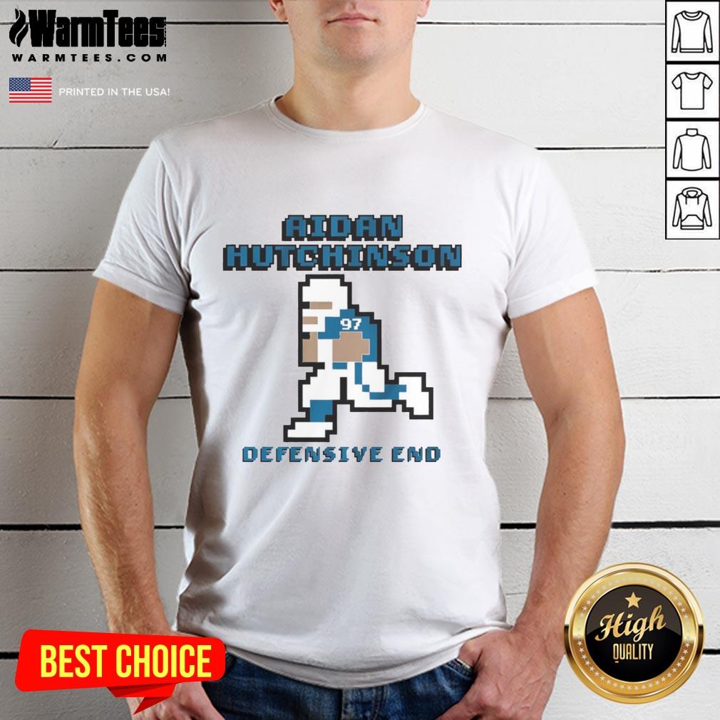 Awesome Aidan Hutchinson Detroit Lions Defensive End Pixel T-Shirt featuring vibrant graphics and team colors.