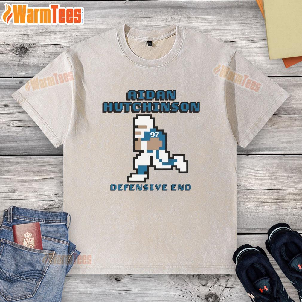 Awesome Aidan Hutchinson Detroit Lions defensive end pixel washed t-shirt featuring vibrant graphics and comfortable fit.