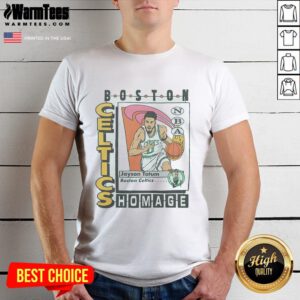 Alt Text: Awesome Boston Celtics trading card Jayson Tatum T-shirt featuring vibrant graphics and team colors.