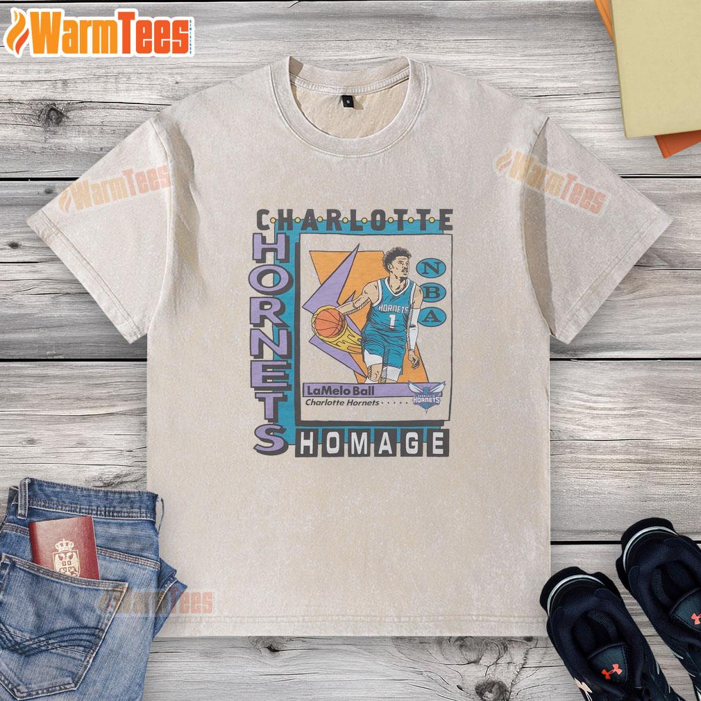 Alt Text: Awesome Charlotte Hornets trading card featuring LaMelo Ball on a stylish washed t-shirt, perfect for fans.