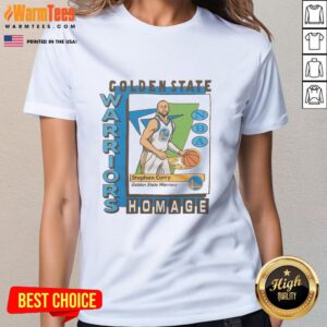Awesome Golden State Warriors trading card featuring Stephen Curry on a stylish ladies tee, perfect for fans.