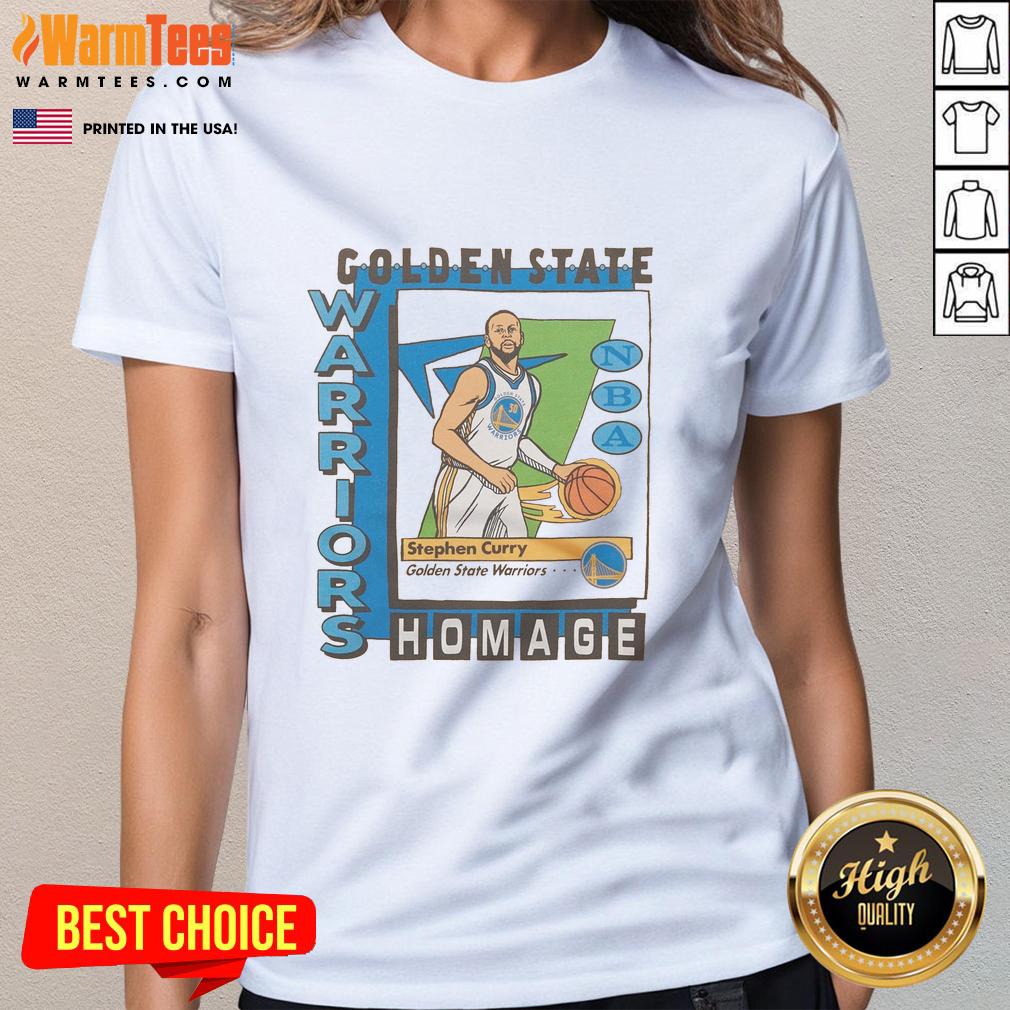 Awesome Golden State Warriors trading card featuring Stephen Curry on a stylish ladies tee, perfect for fans.
