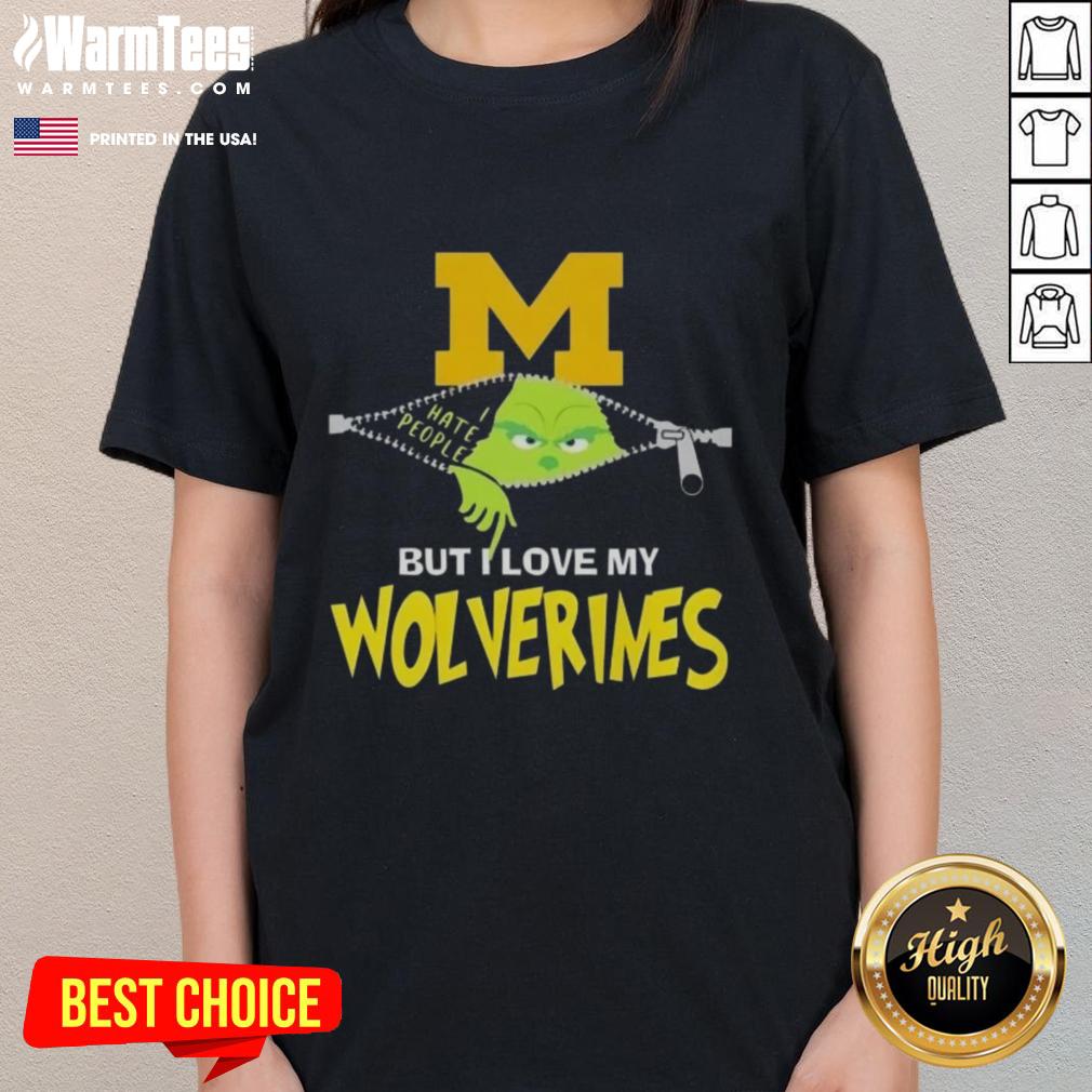 Awesome Grinch Christmas tee for ladies featuring Michigan Wolverines logo, perfect for holiday cheer and sports fans.