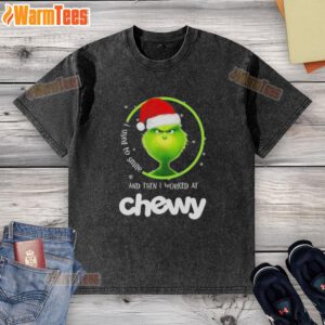 Alt Text: Awesome Grinch Christmas T-shirt with 'I Used To Smile Then I Worked At Chewy' quote in festive design.