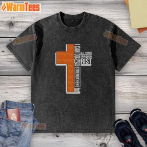 Texas Longhorns football T-shirt featuring 'I Can Do All Things Through Christ' design, perfect for fans and believers.