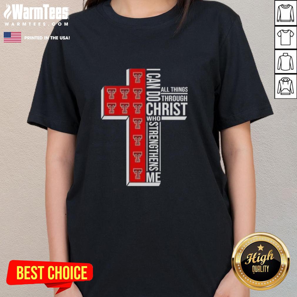 Texas Tech Red Raiders football ladies tee featuring 'I Can Do All Things Through Christ Who Strengthens Me' design.