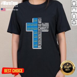UCLA Bruins football ladies' tee featuring 'I Can Do All Things Through Christ Who Strengthens Me' design.