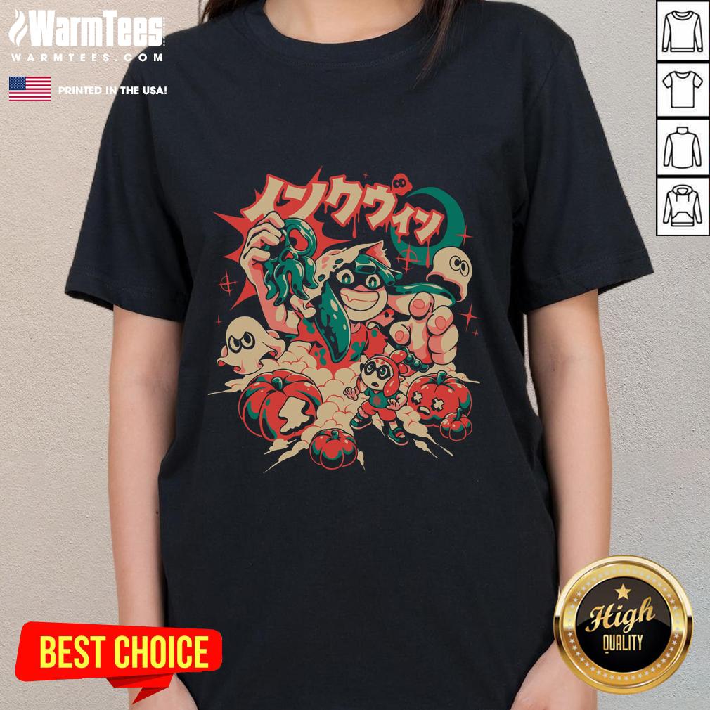 Spooky Squid Ink Halloween tee featuring anime ghost and pumpkin design for gamers, perfect for InkWeen celebrations.