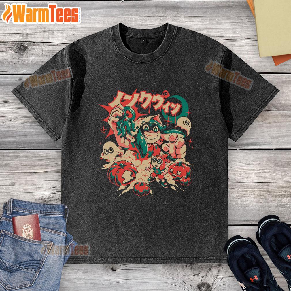 Alt Text: Awesome InkWeen spooky squid ink Halloween anime ghost pumpkin t-shirt for gamers, featuring vibrant graphics.