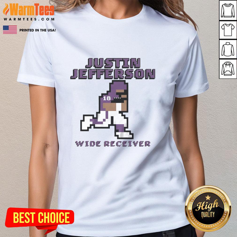 Alt Text: Awesome Justin Jefferson Minnesota Vikings wide receiver pixel ladies tee design featuring vibrant team colors.