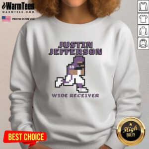 Awesome Justin Jefferson Minnesota Vikings wide receiver pixel sweatshirt design featuring team colors and logo.