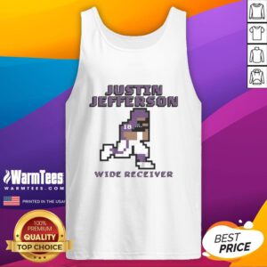 Alt Text: Awesome Justin Jefferson Minnesota Vikings wide receiver wearing a pixel tank top during a game.
