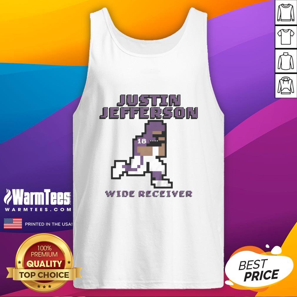 Alt Text: Awesome Justin Jefferson Minnesota Vikings wide receiver wearing a pixel tank top during a game.