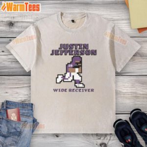 Alt Text: Awesome Justin Jefferson Minnesota Vikings Wide Receiver pixel-washed t-shirt featuring vibrant team colors and logo.