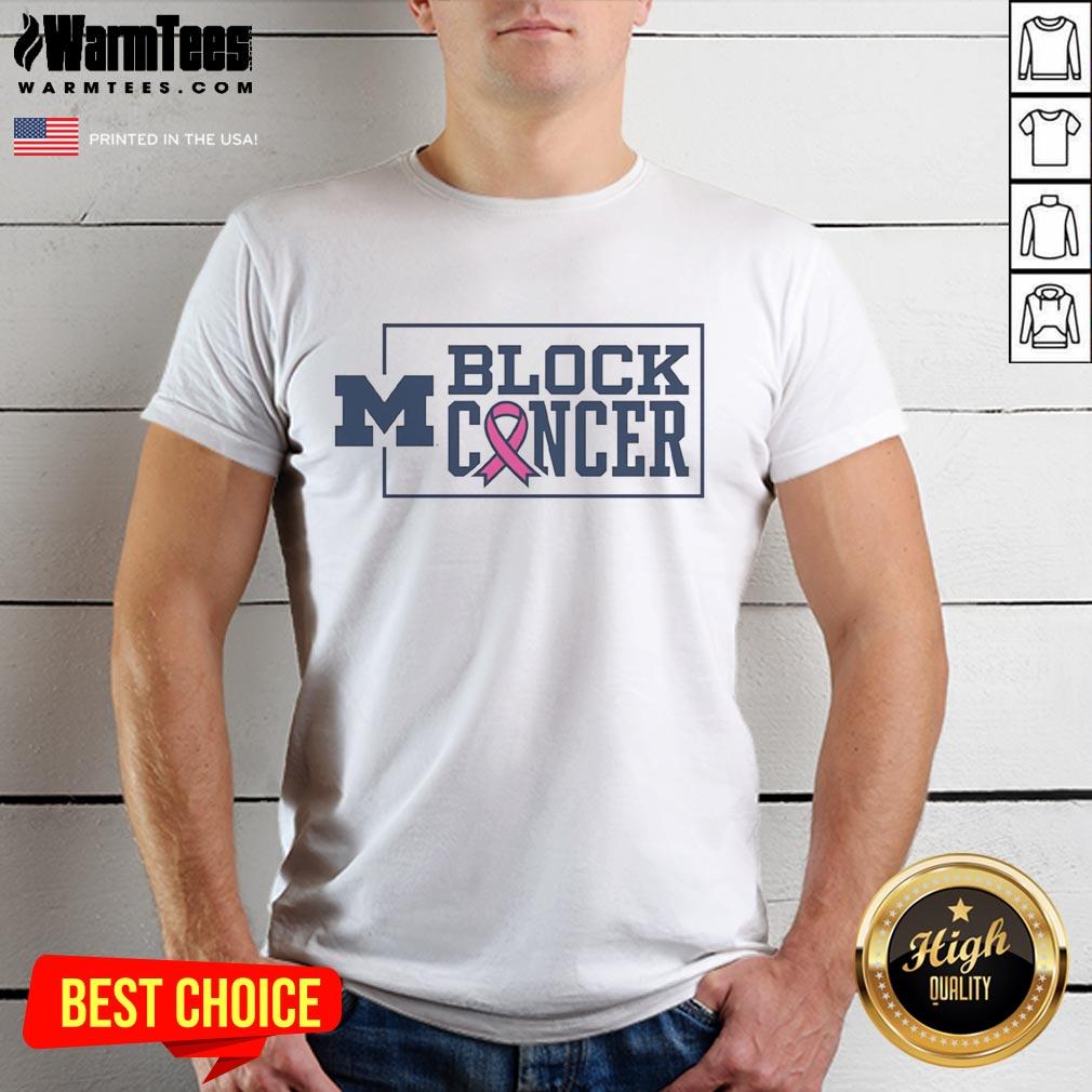 Alt Text: Awesome Michigan Wolverines Block Cancer Pink Ribbon T-Shirt featuring a bold design supporting cancer awareness.