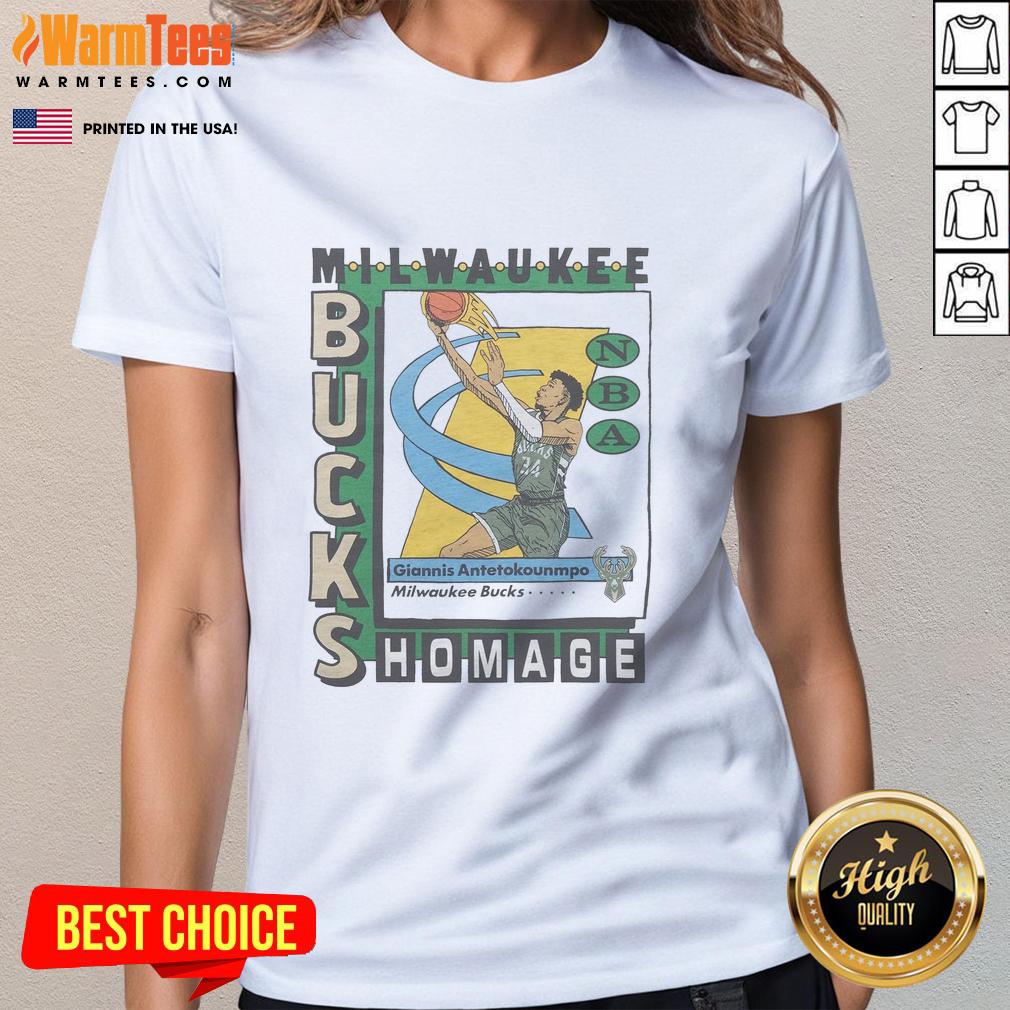 Awesome Milwaukee Bucks trading card featuring Giannis Antetokounmpo on a stylish ladies tee, perfect for fans.