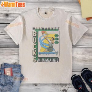 Awesome Milwaukee Bucks trading card featuring Giannis Antetokounmpo on a stylish washed t-shirt.