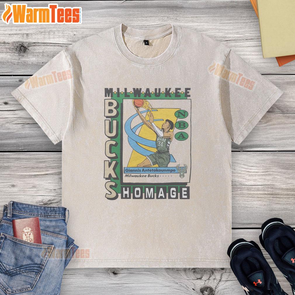 Awesome Milwaukee Bucks trading card featuring Giannis Antetokounmpo on a stylish washed t-shirt.