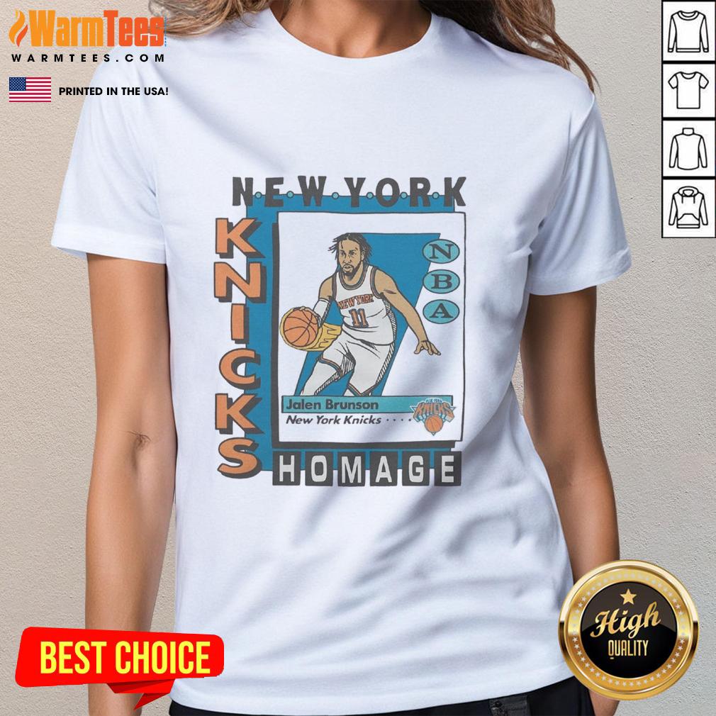 Alt Text: Awesome New York Knicks trading card featuring Jalen Brunson on a stylish ladies tee, perfect for fans.