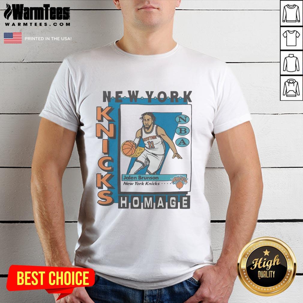 Alt Text: Awesome New York Knicks trading card Jalen Brunson T-shirt showcasing vibrant colors and team logo. Perfect for fans!